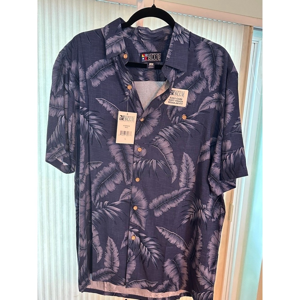 Newport Blue Mens Navy Palm Leaf‎ Rayon Button Down Shirt L M-NPB079 NEW